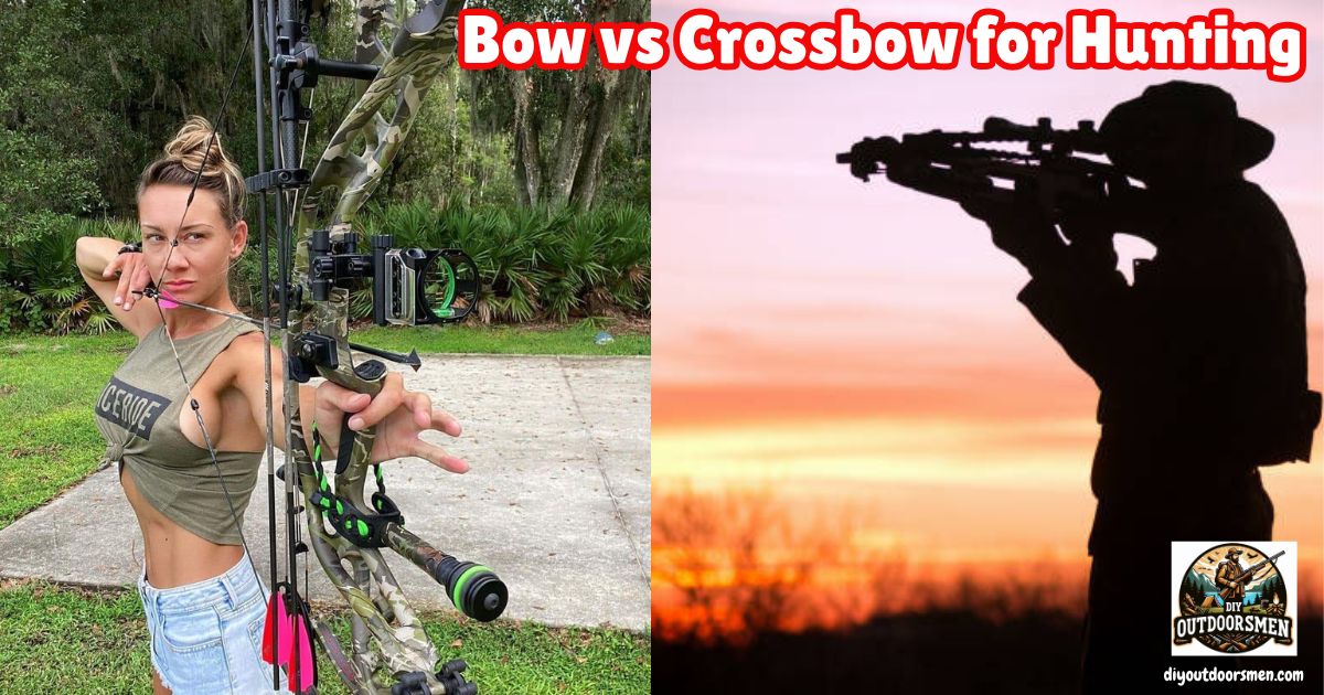 Bow vs Crossbow featured image showing a lady archer at full draw with a compound bow, next to a hunter aiming his crossbow.