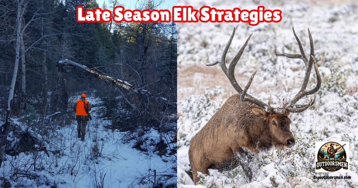 Late-Season Elk Hunting Strategies featured image showing a hunter walking up a snowy trail next to an image of a large bull elk crossing a snow covered sage brush flat.