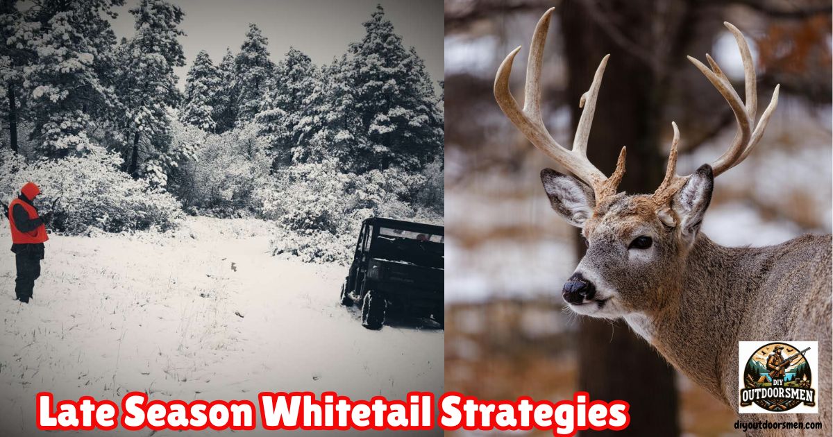 Late-Season Whitetail Strategies featured image showing a hunter standing in the snow by his UTV opposite an image of a nice whitetail buck.