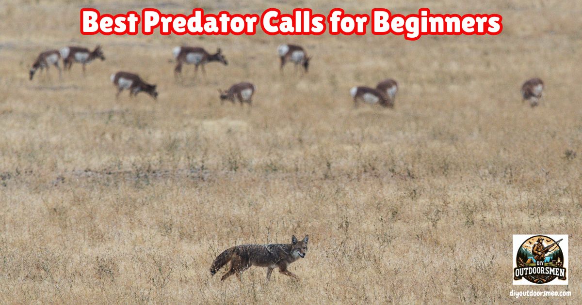 Best Predator Calls for Beginners featured image showing a coyote walking across a pasture with a herd of antelope grazing in the background.