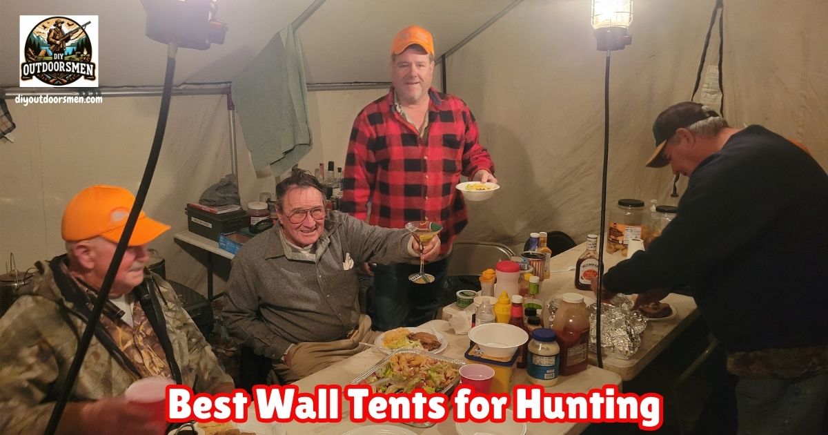 Best Wall Tents for Hunting featured image showing elk hunters sitting down for dinner insider their Montana Canvas Wall Tent.
