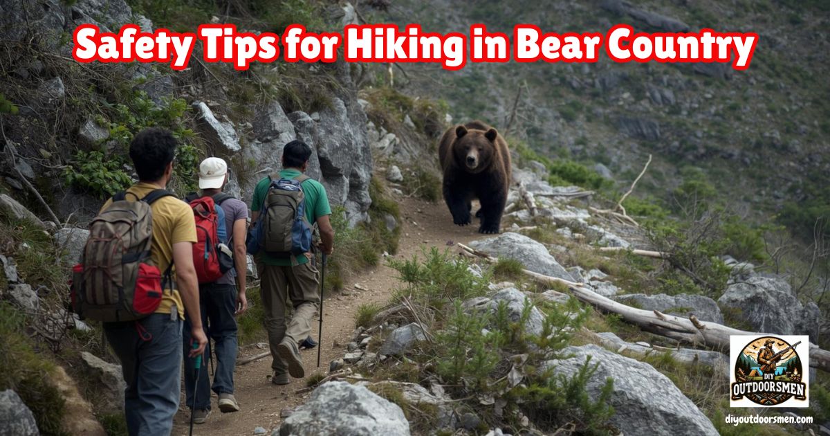 Safety Tips for Hiking in Bear Country featured image showing a small group of hikers on a mountain trail, with a large bear coming down the trail toward them.