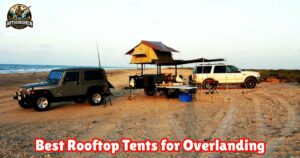 Best Rooftop Tents for Overlanding featured image showing beach camp set up with a rooftop tent.