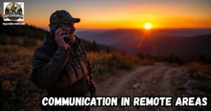 Communication in Remote Areas with no Cell Service featured image showing a hunter on a mountain trail talking on his two-way radio at sunrise.