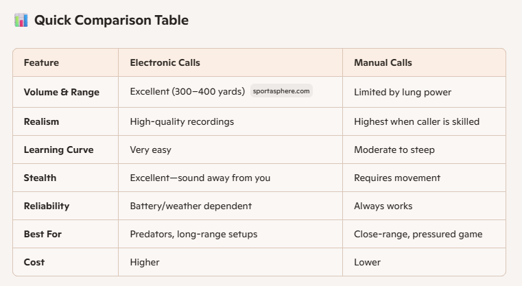 manual vs electric game calls chart